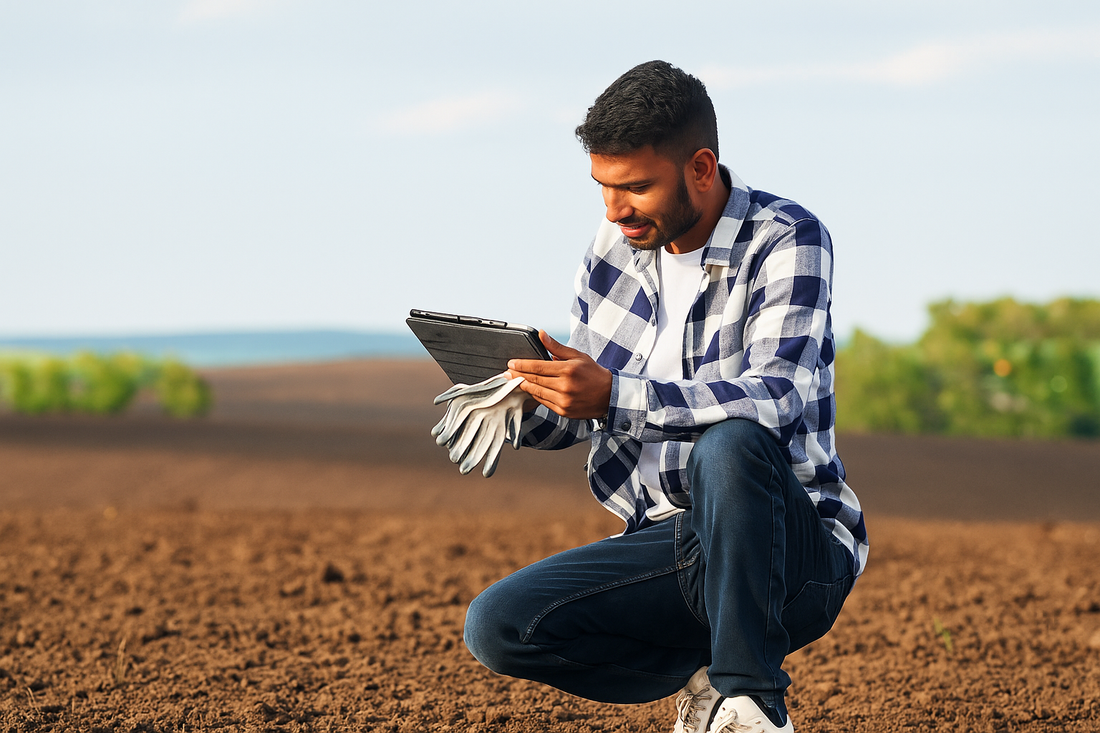 soil health card with a smart farmer in the field with tablet in hand