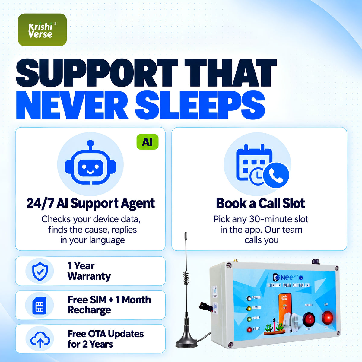 NEER 4G AI Mobile-Internet Pump Irrigation System | 30+ Features | 1 Month free recharge & SIM | 1 year warranty | Best for Drip and Sprinkler Irrigation