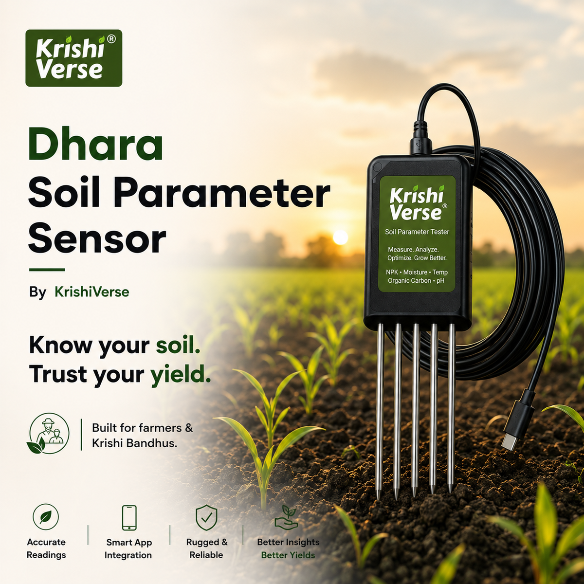 Dhara Soil Parameter Sensor – AI Soil Doctor App, 8-in-1 NPK+pH+Moisture Testing, Instant Field Results