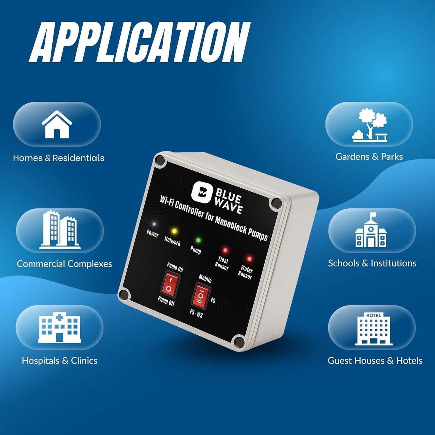 BlueWave Smart Monoblock Pump Controller | WiFi & Offline App Control with Sensors | Auto ON/OFF, Dry Run Protection