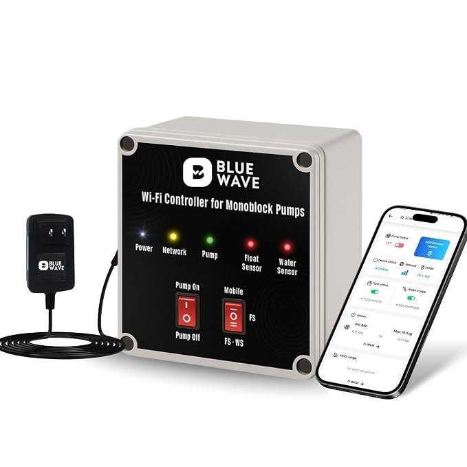 BlueWave Smart Monoblock Pump Controller | WiFi & Offline App Control with Float & Water Sensors | Auto ON/OFF, Dry Run Protection (Monoblock Controller + Float Sensor)