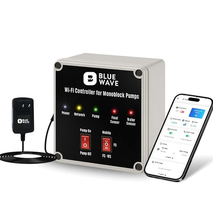 BlueWave Smart Monoblock Pump Controller | WiFi & Offline App Control with Float & Water Sensors | Auto ON/OFF, Dry Run Protection (Monoblock Controller + Float Sensor)
