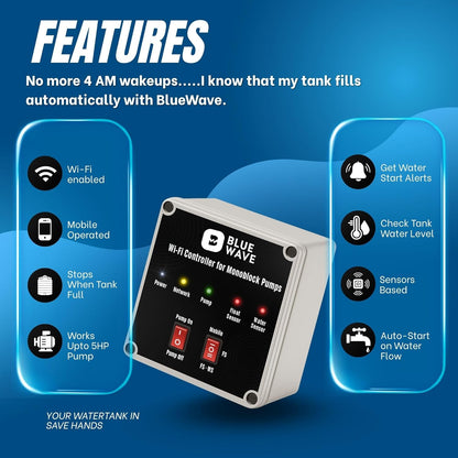 BlueWave Smart Monoblock Pump Controller | WiFi & Offline App Control with Sensors | Auto ON/OFF, Dry Run Protection