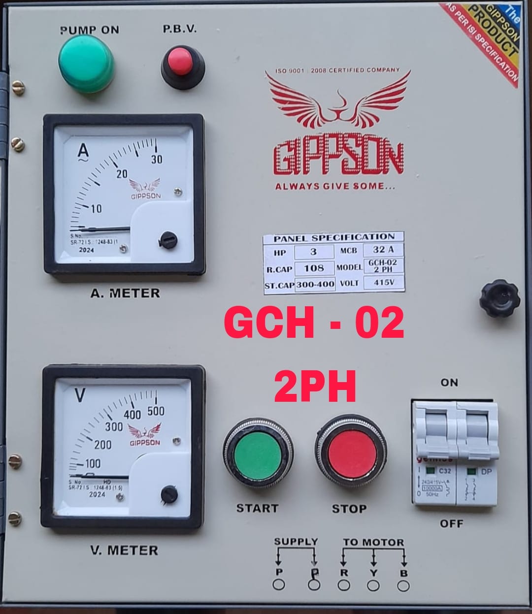 Gippson GCH-02-2PH Two Phase Analogue Pump Control Panel with 2 Pole Contactor & 2 Pole MCB