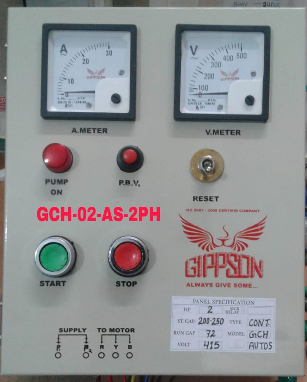Gippson GCH-02-AS-2PH Two Phase Analogue Square Pump Control Panel with 2 Pole Contactor & Auto Switch